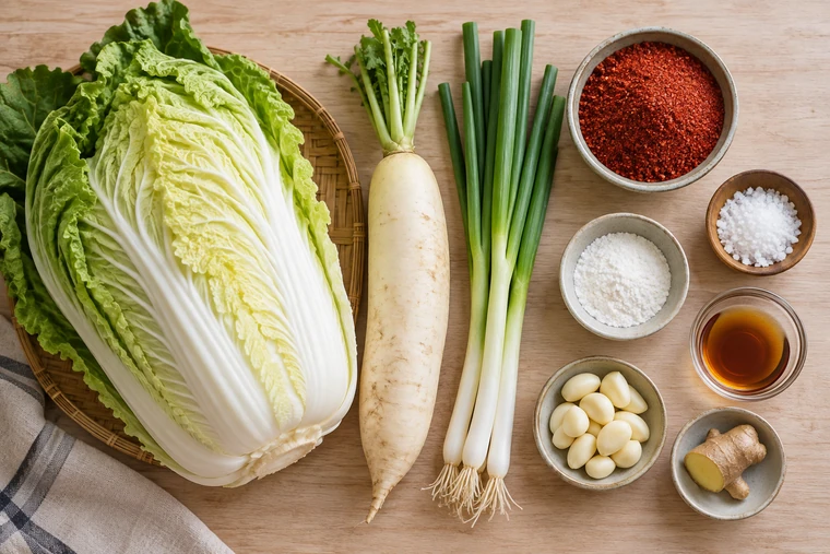 Napa cabbage, radish, spring onion, garlic, ginger and kimchi seasonings arranged separately.