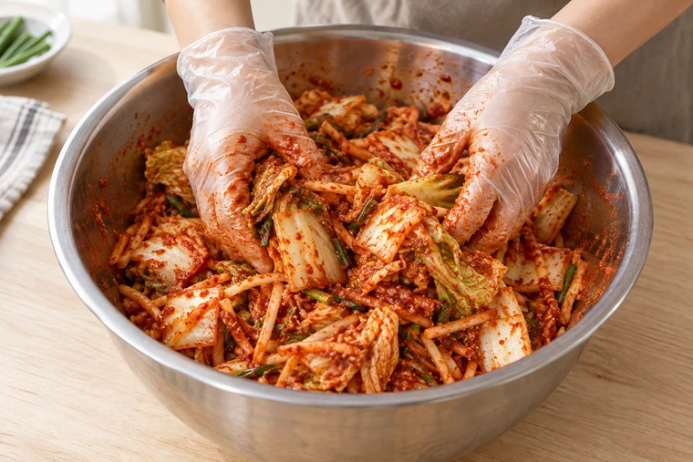 Gloved hands fold chopped napa cabbage and radish through red kimchi seasoning.