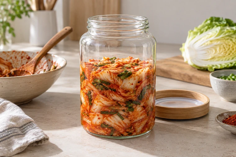 A clear jar of kimchi with a conspicuously empty top third and clean rim.