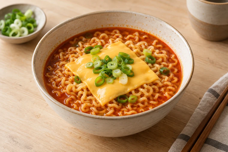 Red soup noodles with one square cheese slice softening on top.