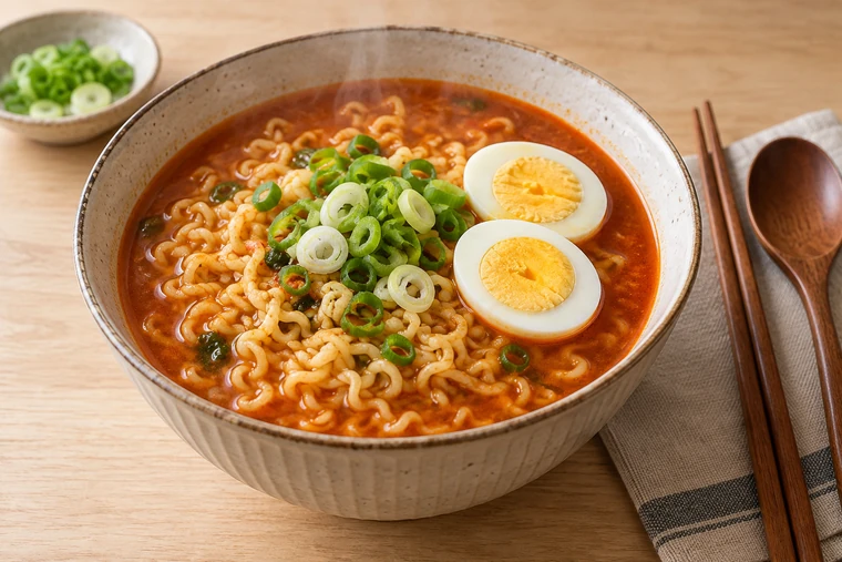 Red soup ramyeon topped with spring onion and two firm hard-boiled egg halves.