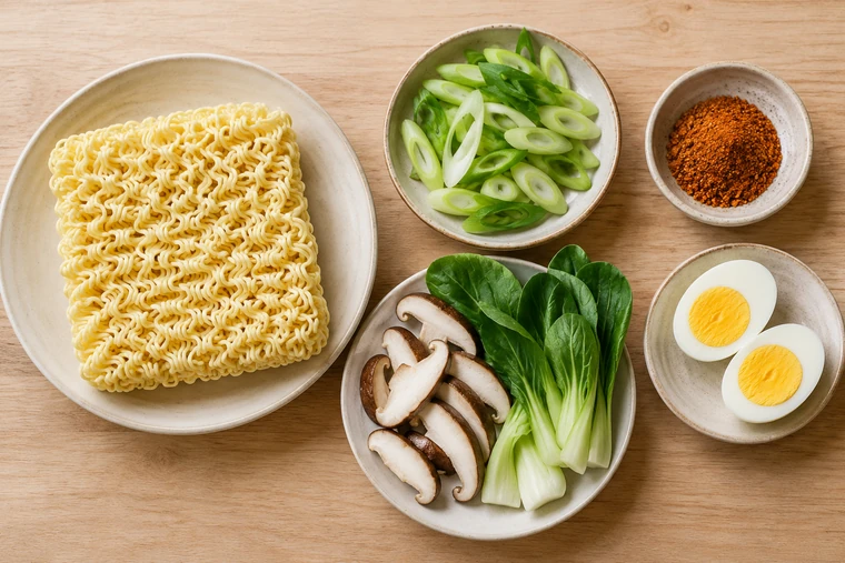 Instant noodles, vegetables, soup seasoning and a firm hard-boiled egg ready to cook.