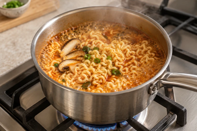 Curly instant noodles boil in red broth with mushroom slices in a saucepan.