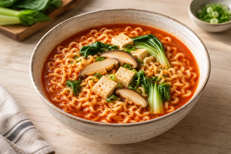 Noodle soup with small tofu cubes, sliced mushrooms and bok choy.