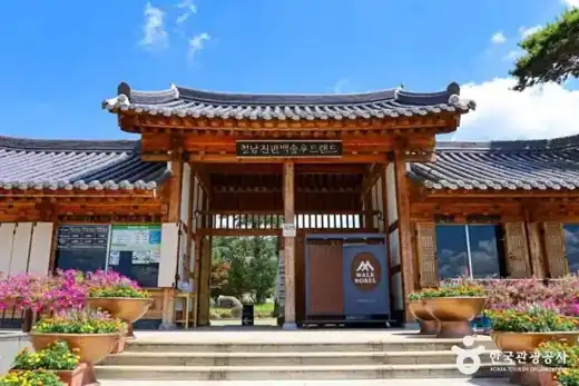 Entrance gate to Jeongnamjin Cypress Forest Woodland in Jangheung.