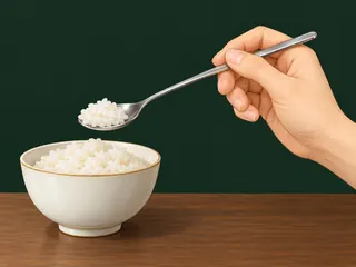 Hold the spoon lightly between your thumb and fingers, keeping its bowl level as you scoop rice.