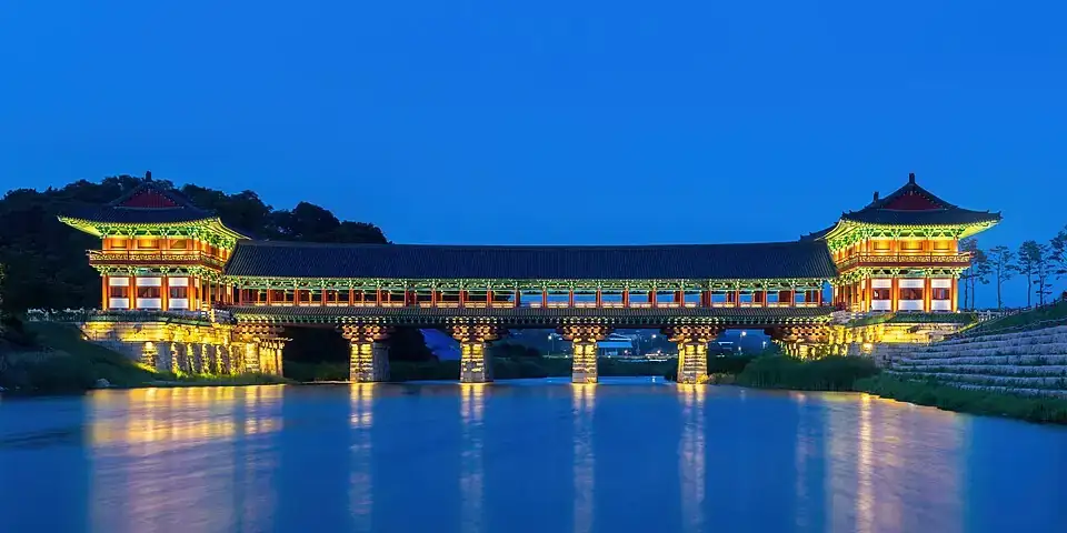 Woljeonggyo Bridge reflected in the water at blue hour