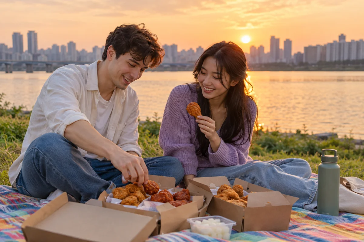 Riverside chicken picnic — AI scenario illustration