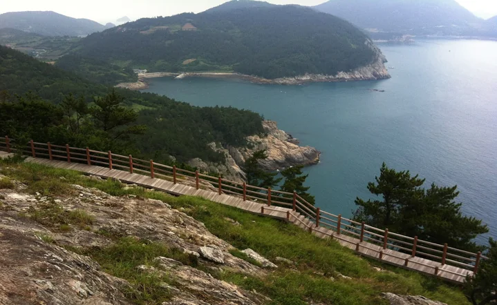 A wooden coastal trail follows Geumodo’s rocky hillside above a blue bay and forested headlands.