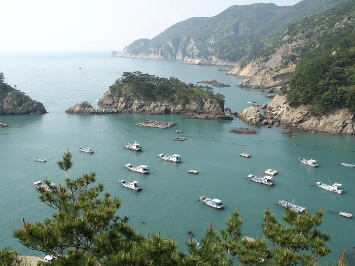 Small fishing boats rest in turquoise water between rocky islets and green coastal hills on Heuksando.