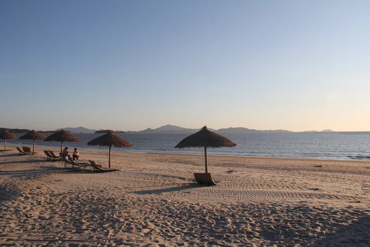 Straw parasols cast long shadows over Jeungdo’s sandy beach beside a calm sea at sunset.