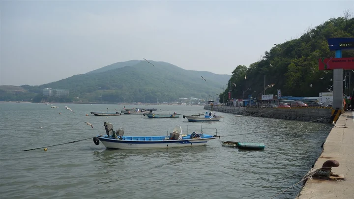 Fishing boats beside Muuido ferry dock, with the island’s green hills behind.