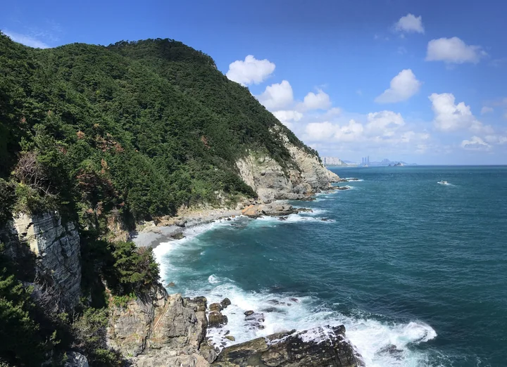 Waves wash against rocky cliffs below wooded slopes at Taejongdae on Yeongdo, Busan.