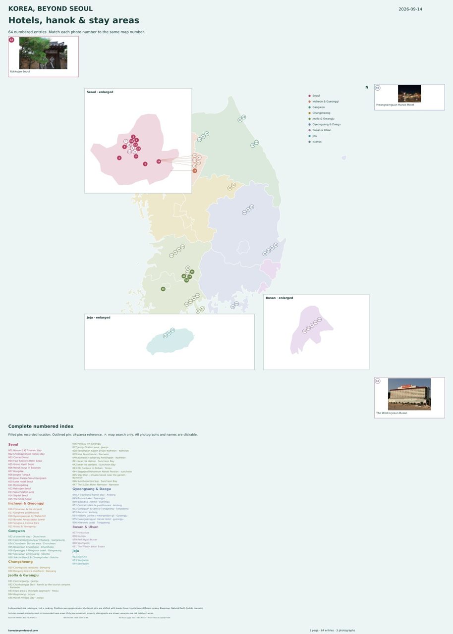 Hotels, hanok and stay areas numbered map