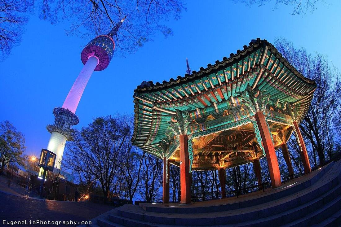 N Seoul Tower and the Namsan pavilion at blue hour