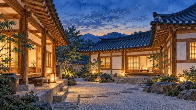 Illustration of a traditional hanok courtyard at dusk, not the actual Ecochon property