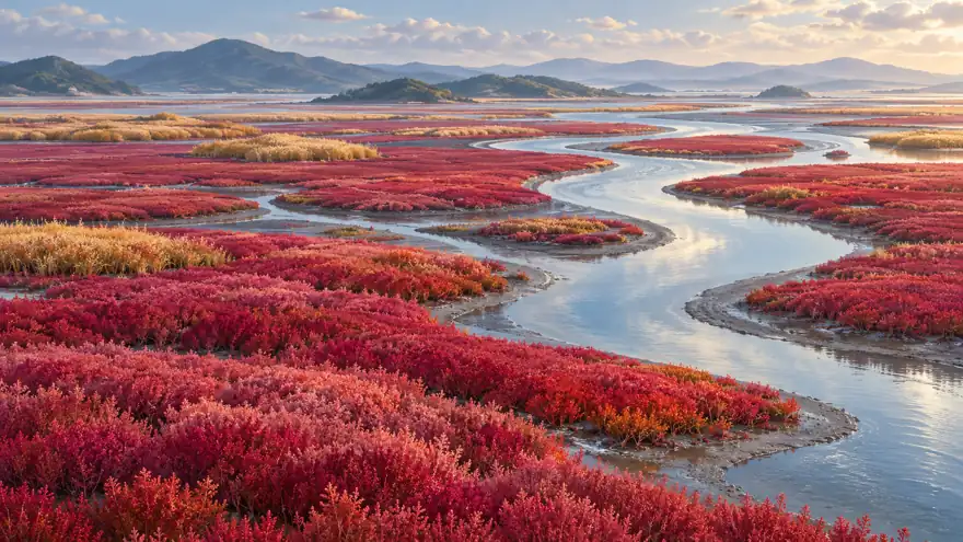 Illustrated pink and crimson Suaeda saltmarsh with tidal channels