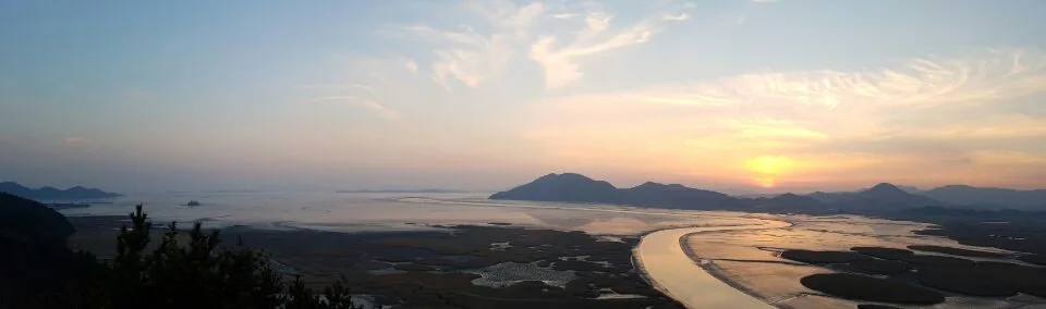 Suncheon Bay S-shaped tidal channel at sunset