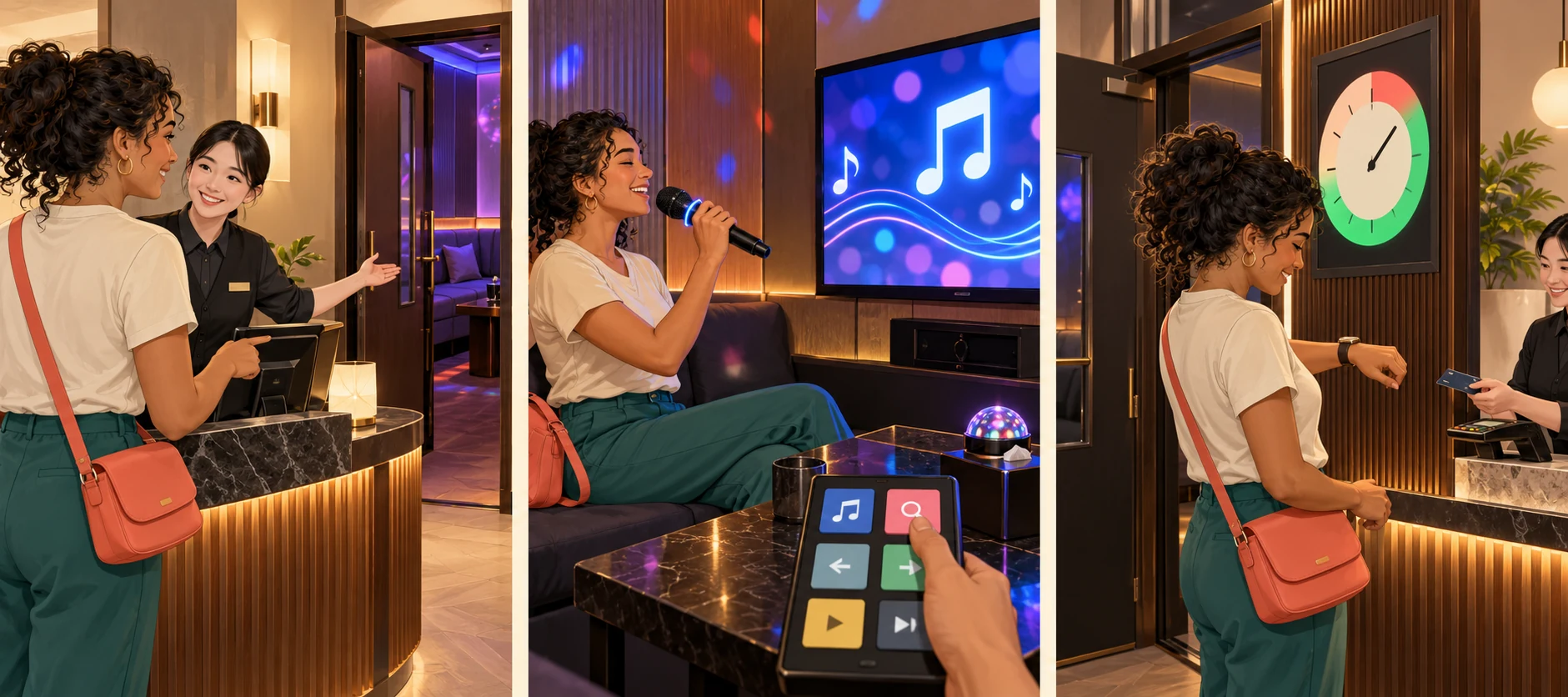 Noraebang · karaoke room — three illustrated stages