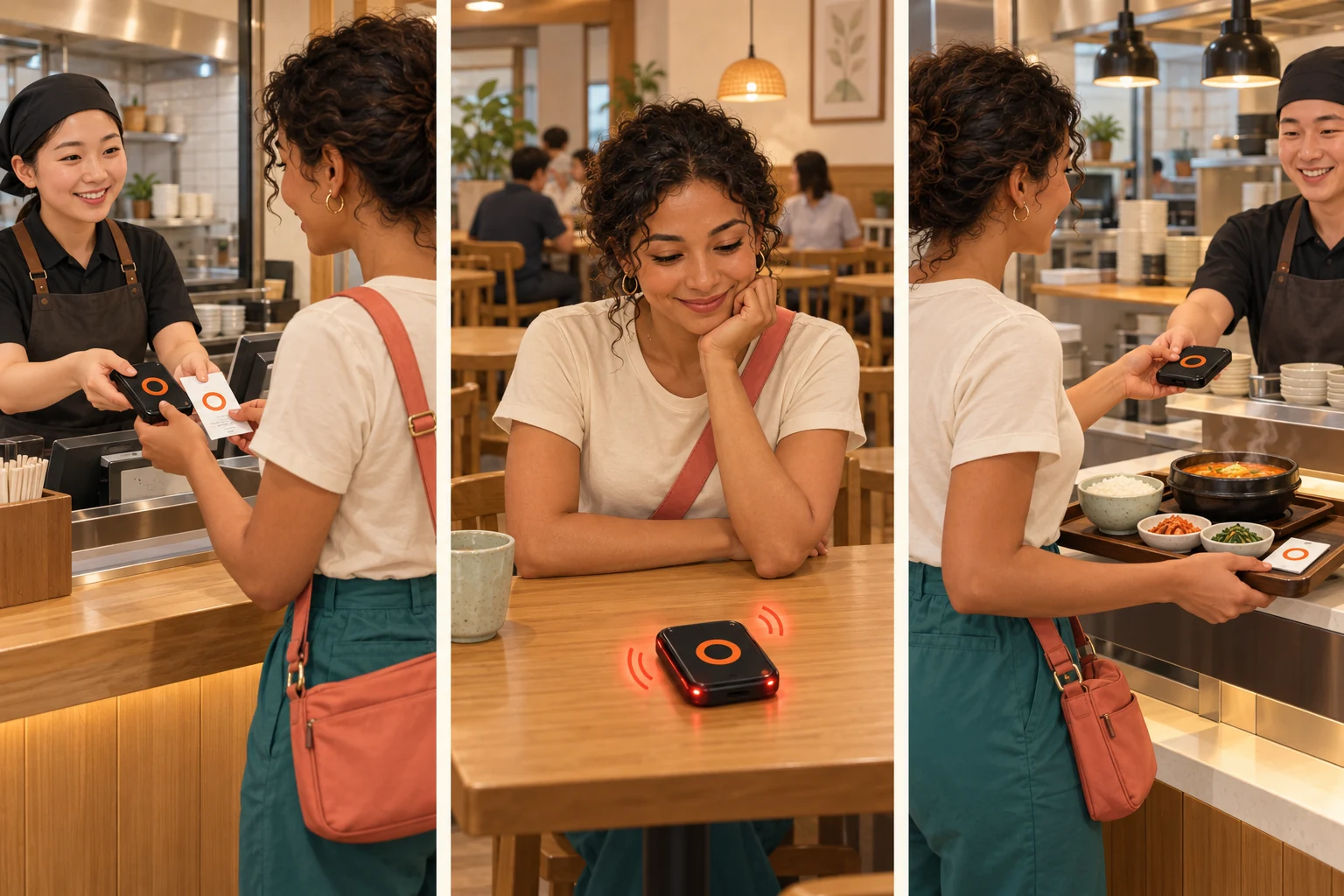 A pager or order-number call — three illustrated stages