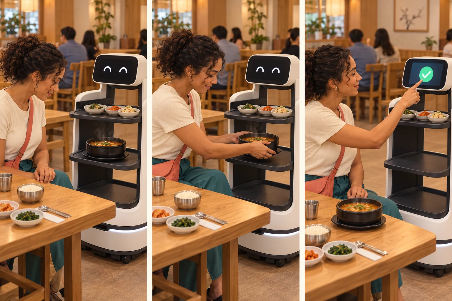 Receive food from a robot — three illustrated stages