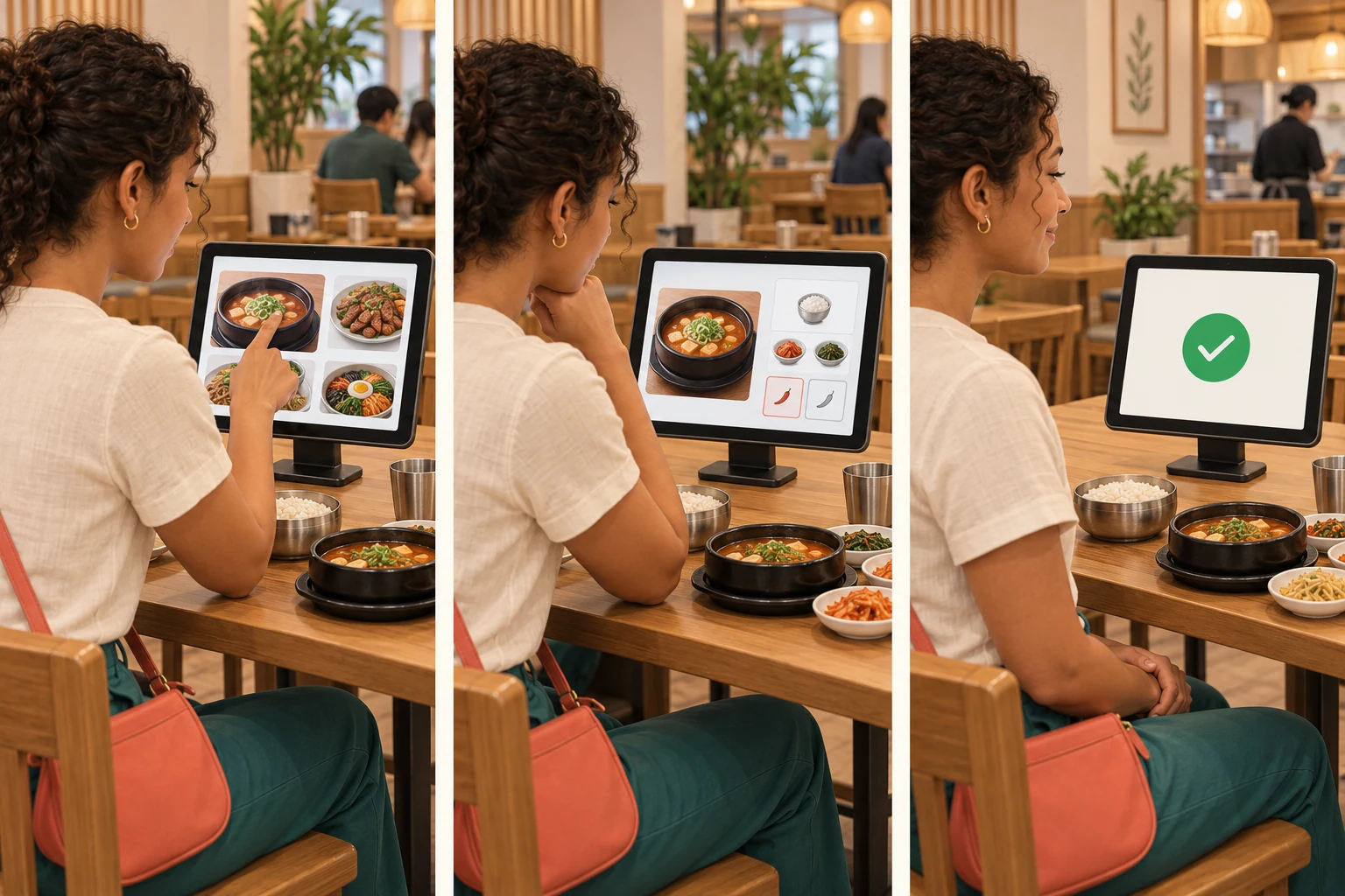 Order on a table tablet — three illustrated stages