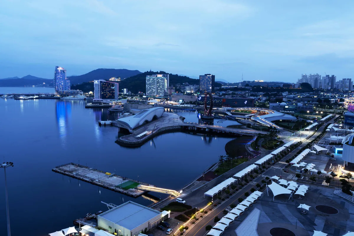 Yeosu Expo waterfront · blue-hour panorama
