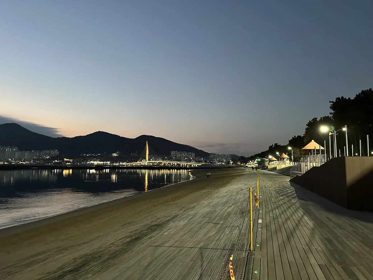 Woongcheon Beach · twilight along the boardwalk