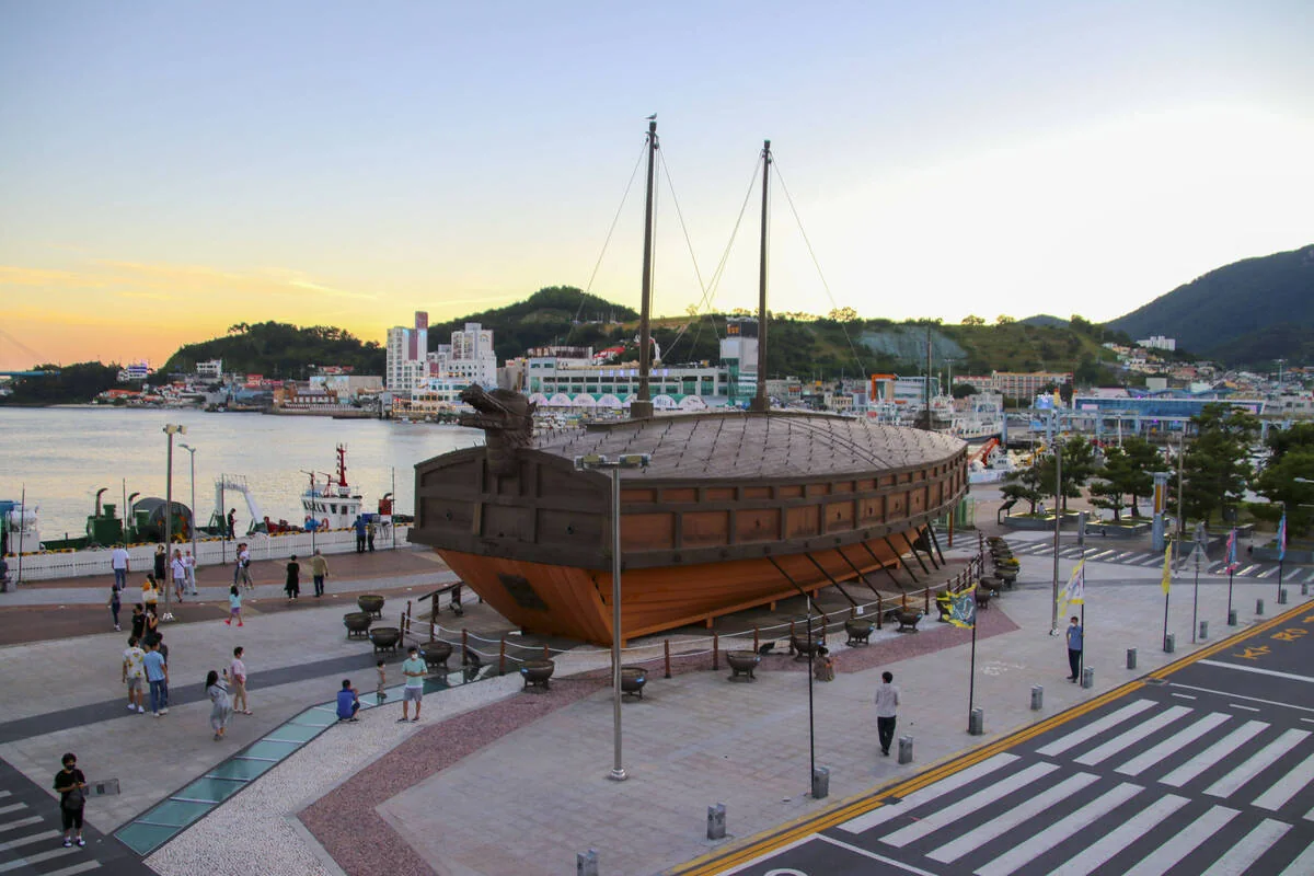 Yi Sun-sin Square · turtle ship at sunset