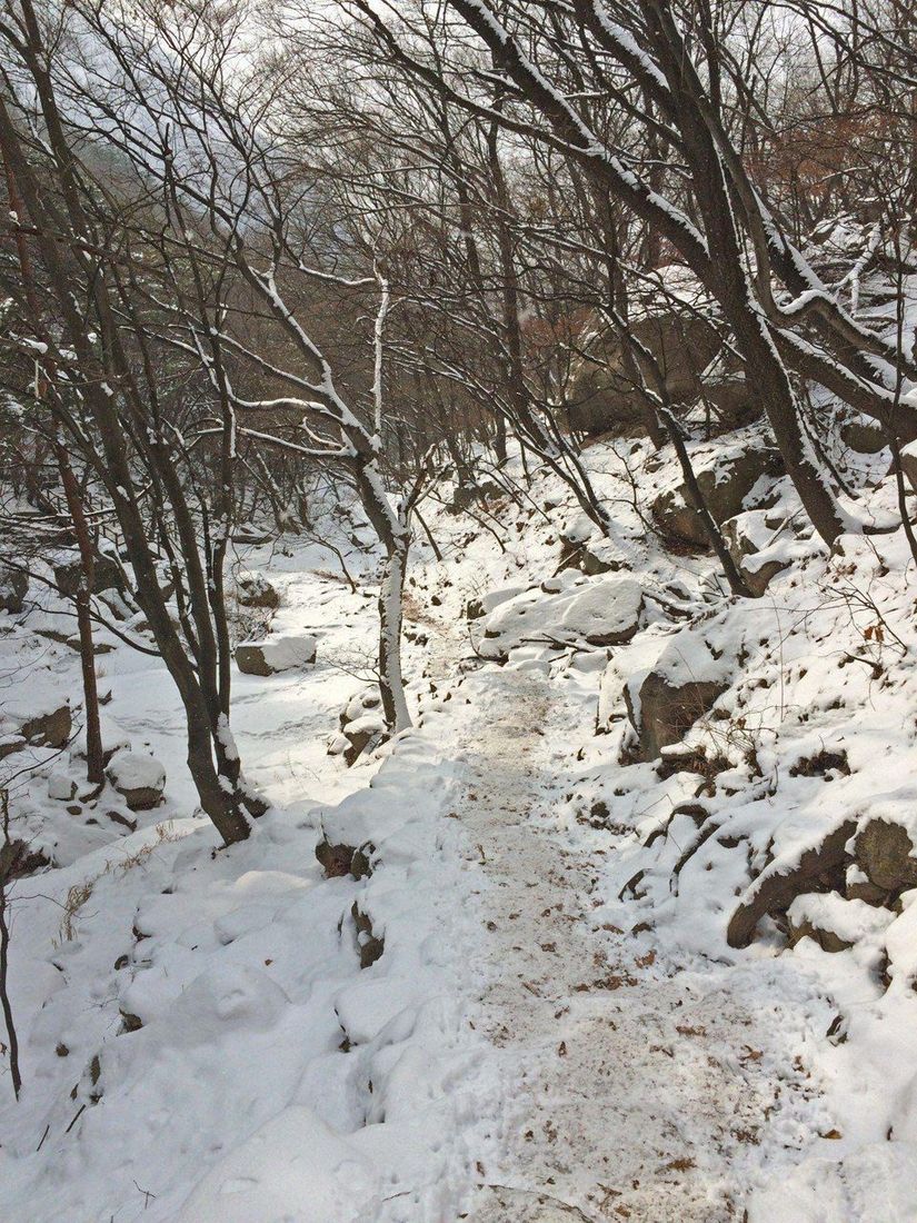A snow-covered woodland trail between rocks and bare trees in Bukhansan